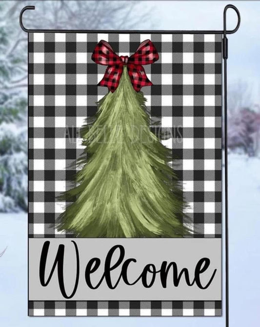 Black/White checkered Christmas tree Garden flag