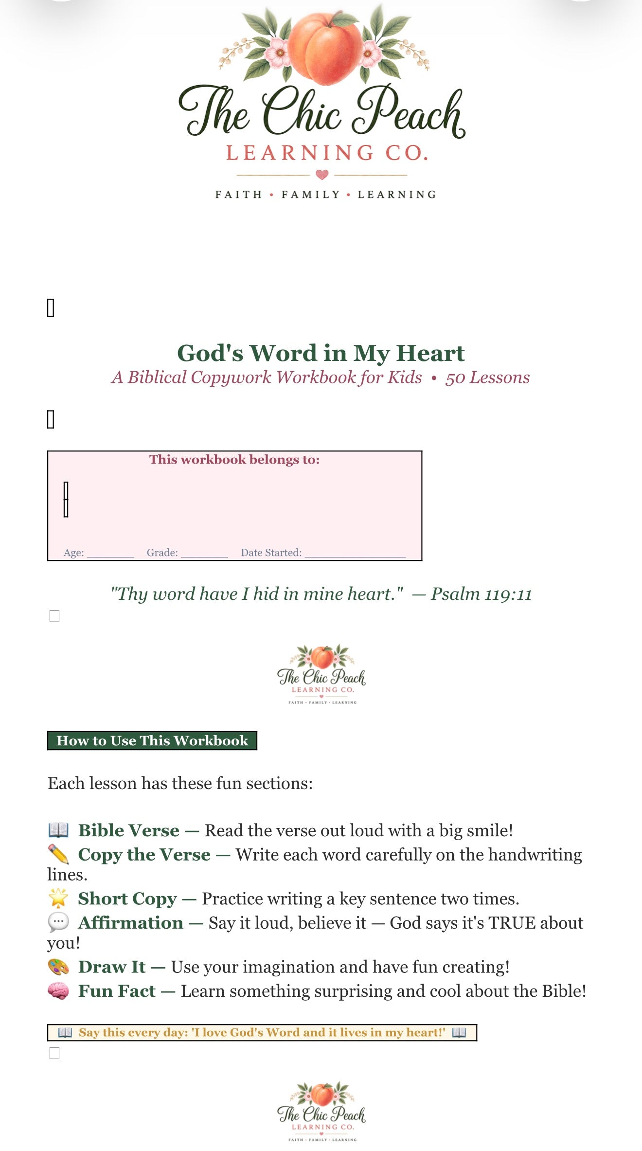 God's Word in My Heart — Biblical Copywork Workbook (50 Lessons)Digital print